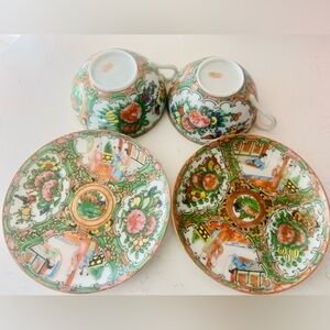 Vintage Chinese Export Porcelain Teacups & Saucers Famille Rose Mandarin Scenes